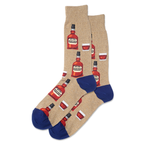 Beige socks with red bottle and blue cup design on a white background