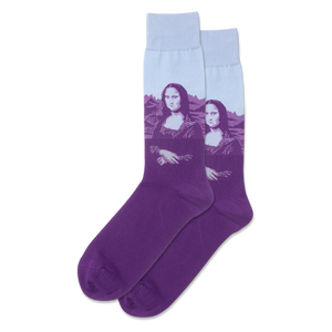Purple socks with Mona Lisa design on a light blue background