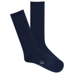A pair of K.Bell men's classic ribbed crew socks in navy color, featuring a comfortable fit and wide ribbed design.