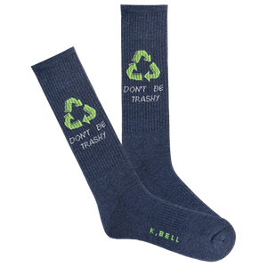 A pair of men's active crew socks with a 'Don't be trashy' message and recycling symbol