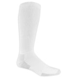 Three pairs of over-the-calf white socks with non-binding tops and cushioned soles, designed for comfort and blister protection.