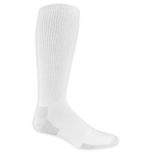 Three pairs of over-the-calf white socks with non-binding tops and cushioned soles, designed for comfort and blister protection.