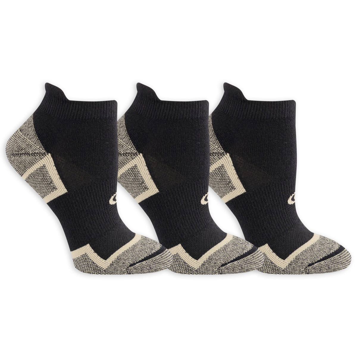 Set of three black ankle socks with beige accents on a white background