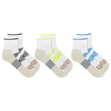 Three pairs of socks with different color patterns on a white background