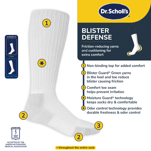 White sock with Dr. Scholl's blister defense features on a white background