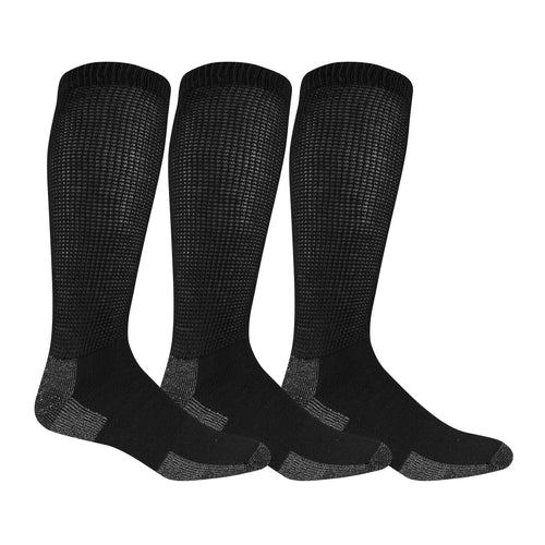 Three pairs of black knee-high socks on a white background
