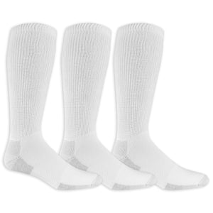 Three white knee-high socks on a white background