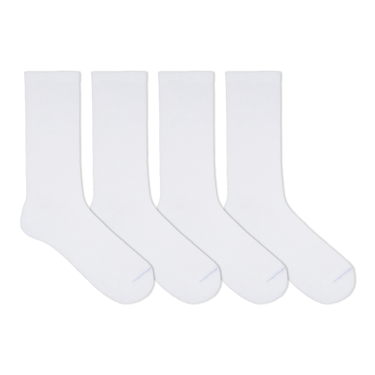 Four white socks arranged in a row on a white background