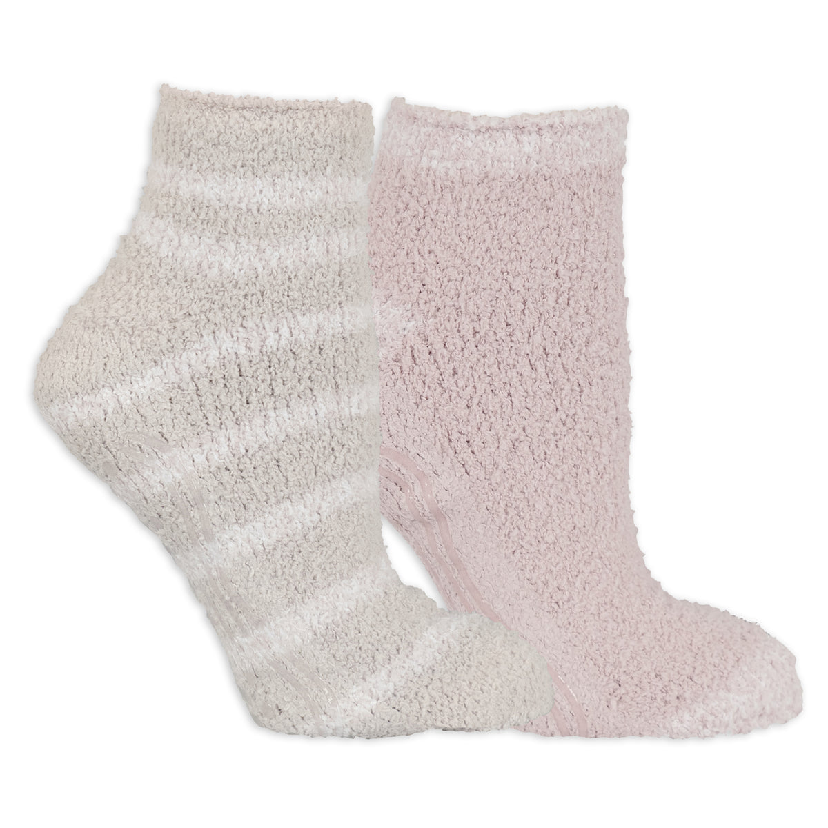 Two pairs of fluffy socks, one beige and one pink, on a white background.