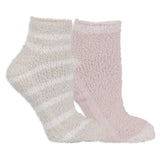 Two pairs of fluffy socks, one beige and one pink, on a white background.