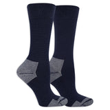 Pair of navy socks with gray accents on a white background
