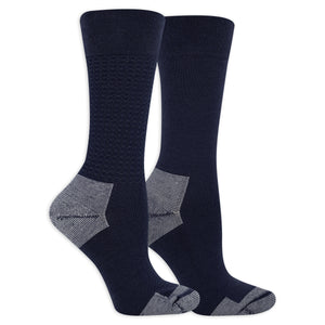 Pair of navy socks with gray accents on a white background