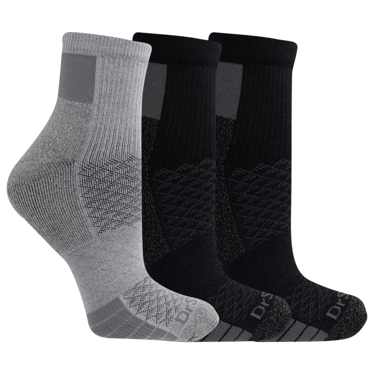 Three pairs of socks, two gray and one black, on a transparent background