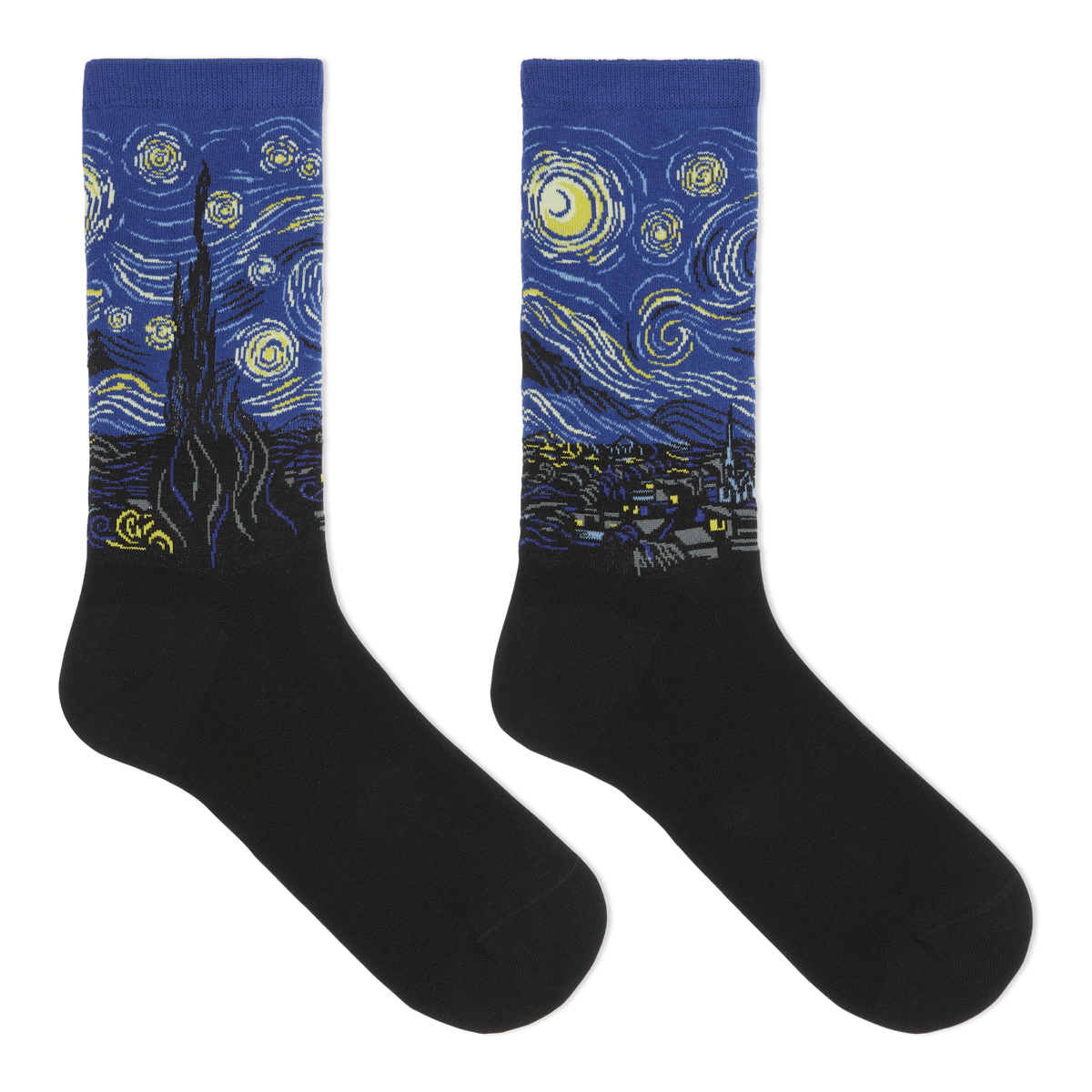 A pair of crew socks with a black lower half and a blue cuff printed with a Van Gogh-inspired swirling night sky design in yellow, white, and black.