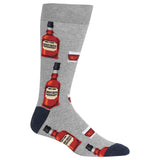 A single crew sock in heather gray with a repeating pattern of red whiskey bottles and glasses, plus dark navy heel and toe sections, shown on a plain white background. thumbnail