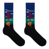 A pair of black crew socks with a colorful San Francisco graphic on the upper leg. The design features the Golden Gate Bridge, a yellow cable car, and the text 'SAN FRANCISCO' on a dark blue background, with a black lower section.