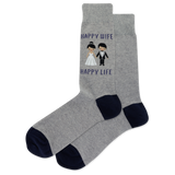 A pair of heather gray crew socks with navy blue heels, toes, and cuffs, featuring a cute embroidered graphic of a bride and groom and the text 'HAPPY WIFE HAPPY LIFE' on the upper leg. thumbnail