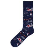A single navy blue crew sock with a festive Christmas winter landscape pattern featuring snow-covered trees, red cabins, snowmen, and sleighs on a white background. thumbnail