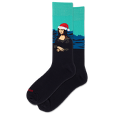Black socks with a Mona Lisa wearing a Santa hat design on a teal background