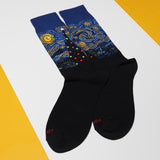 Black socks with Starry Night design on a white and yellow background