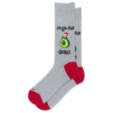 A pair of heather gray crew socks with red heels and toes, featuring a graphic of a green avocado wearing a Santa hat with the text 'Jingle Bell Guac'.