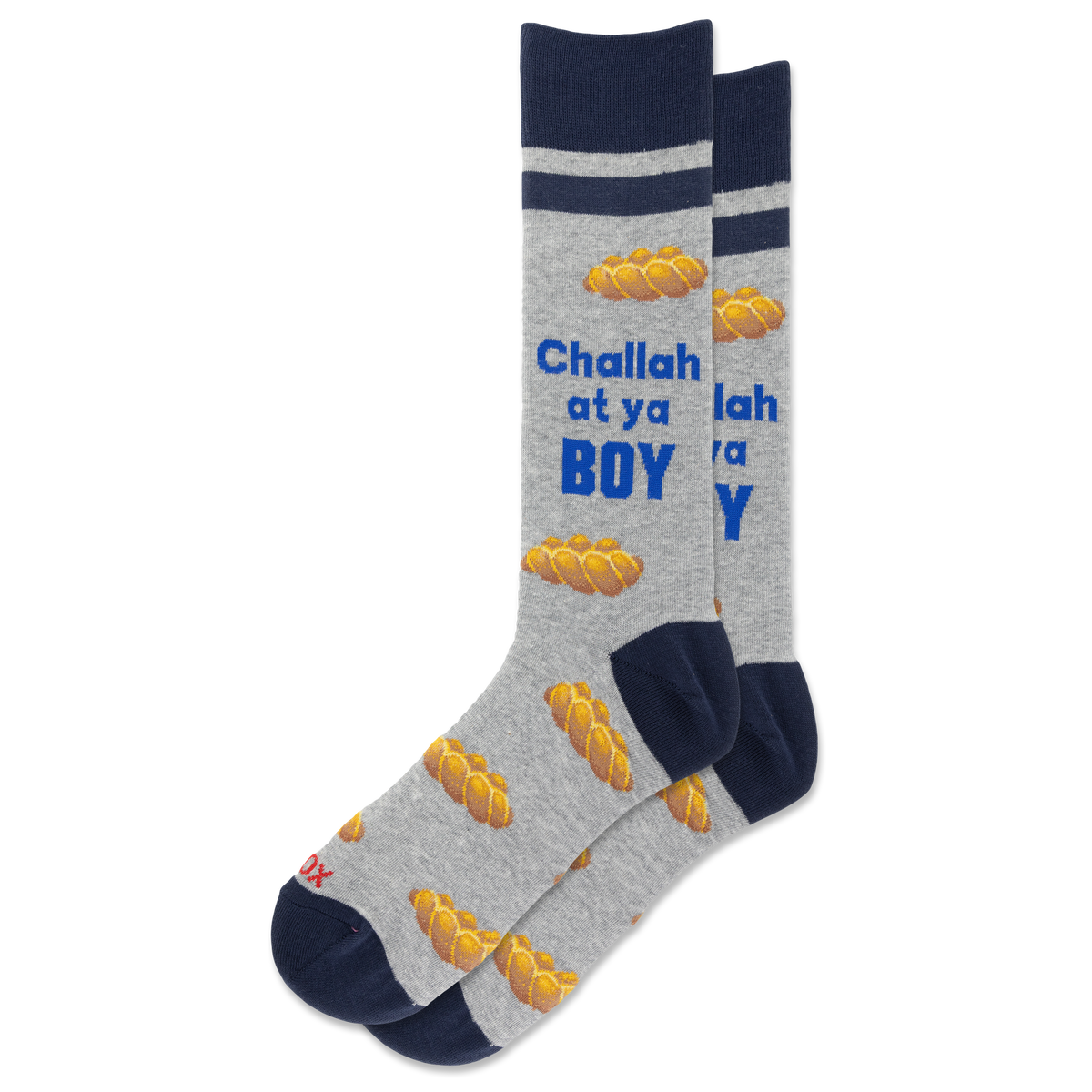 A pair of crew socks in heather gray with navy blue cuffs, heels, and toes, featuring a pattern of golden matzah bread and the text 'Challah at ya BOY' in blue and white.
