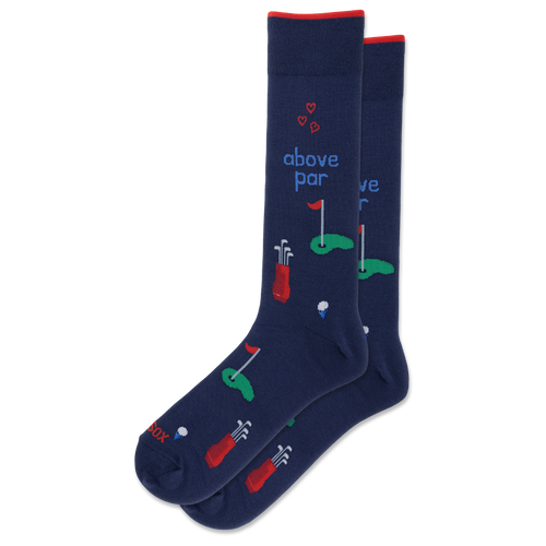 A pair of navy blue crew socks with golf-themed illustrations and the text 'above par' on a clean white background.