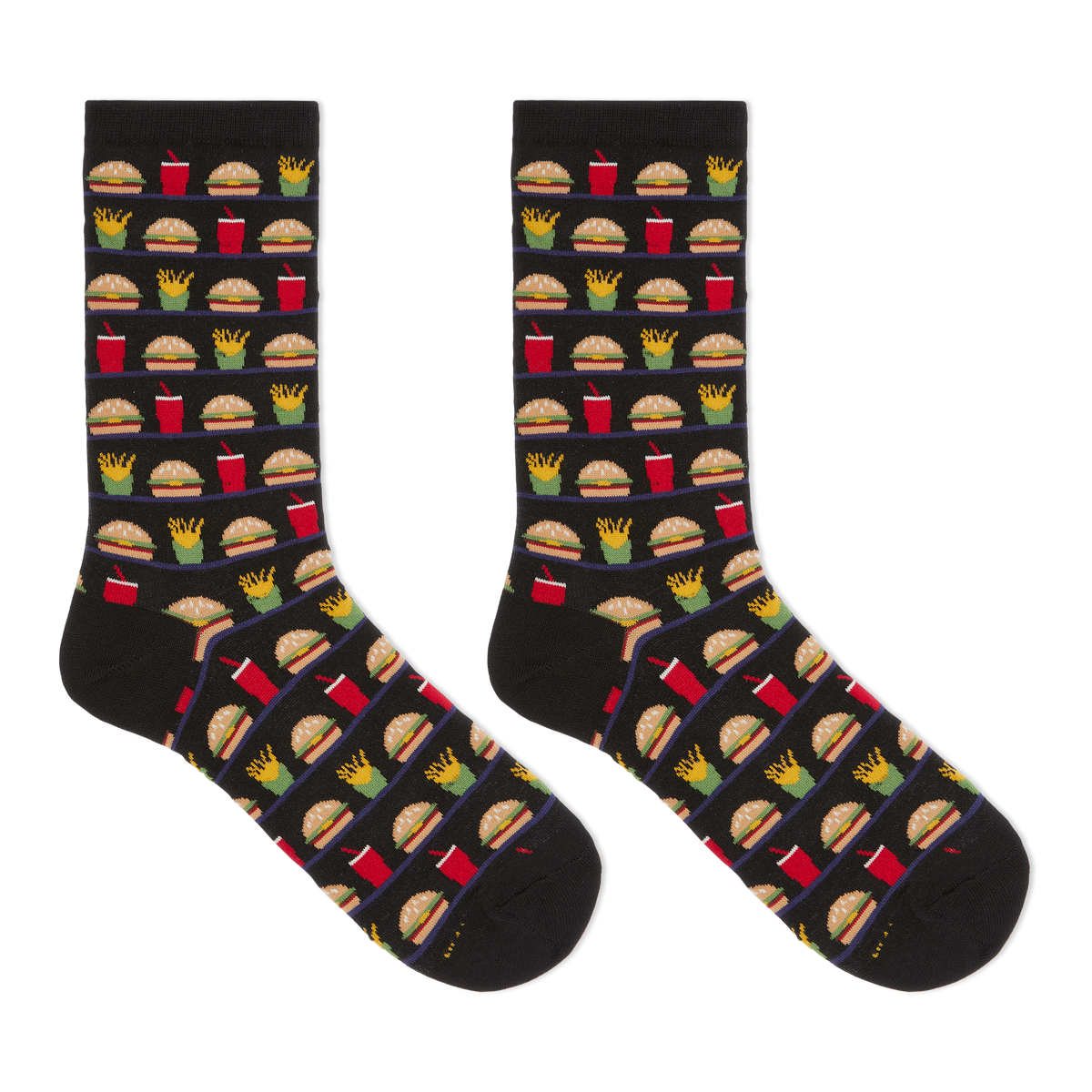 A pair of black crew socks with a repeating pattern of fast-food items including burgers, fries, drinks, and pizza slices, displayed against a solid white background.