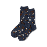 Pair of navy blue socks with dog pattern on a white background