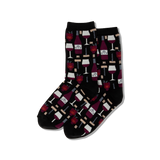 Black socks with wine-themed pattern on a white background thumbnail