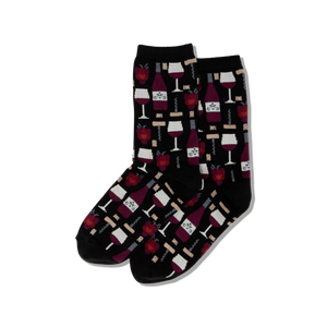 Black socks with wine-themed pattern on a white background