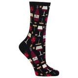 A single crew sock with a wine-themed pattern featuring red wine glasses, wine bottles, corks, and red roses on a black background, shown against a plain white studio backdrop. thumbnail