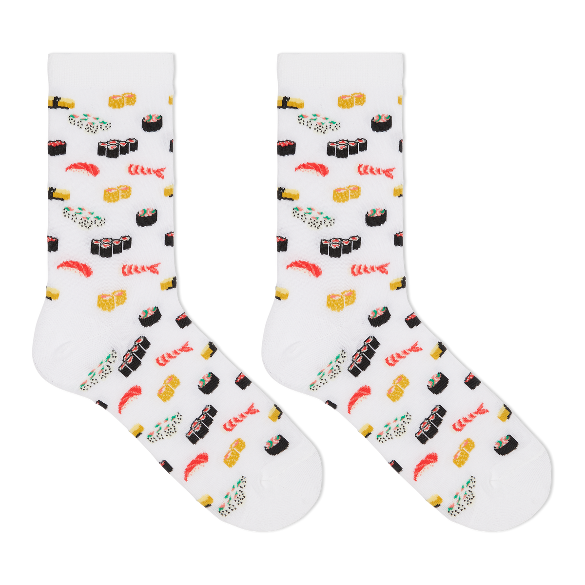 A pair of white crew socks with an all-over sushi print, featuring illustrations of nigiri, maki, and uni sushi on a clean white background.