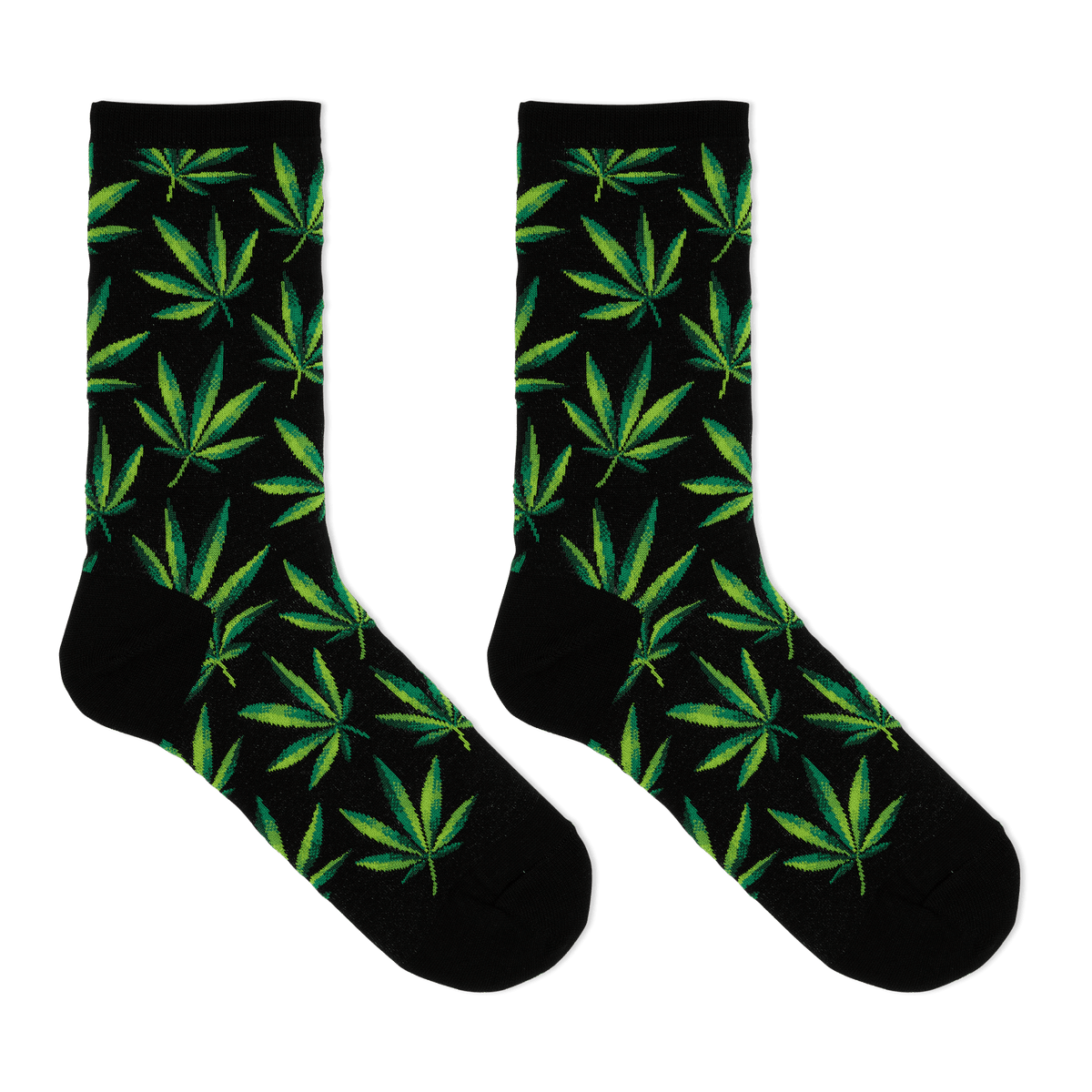 A pair of black crew socks with an all-over green leaf pattern, displayed against a solid white background.
