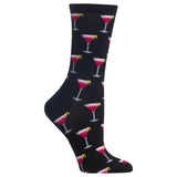 A single black crew sock with an all-over repeating pattern of pink margarita cocktails in white glasses with yellow olives, shown on a plain white background. thumbnail