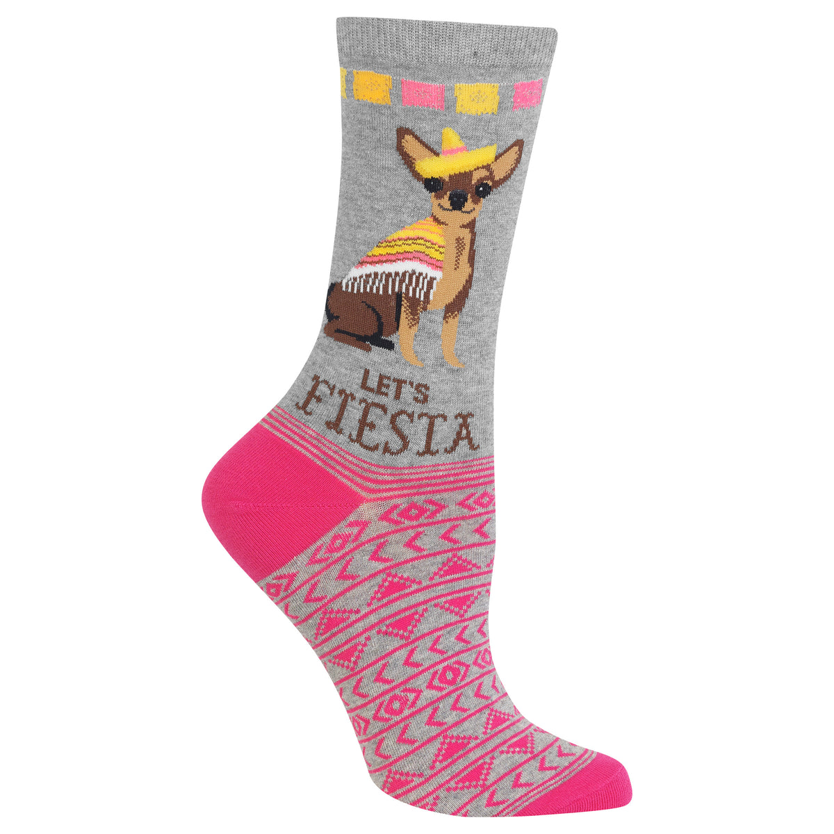A single gray crew sock featuring a cartoon chihuahua wearing a yellow sombrero and poncho, with the words 'LET'S FIESTA' and a pink patterned heel, toe, and cuff.