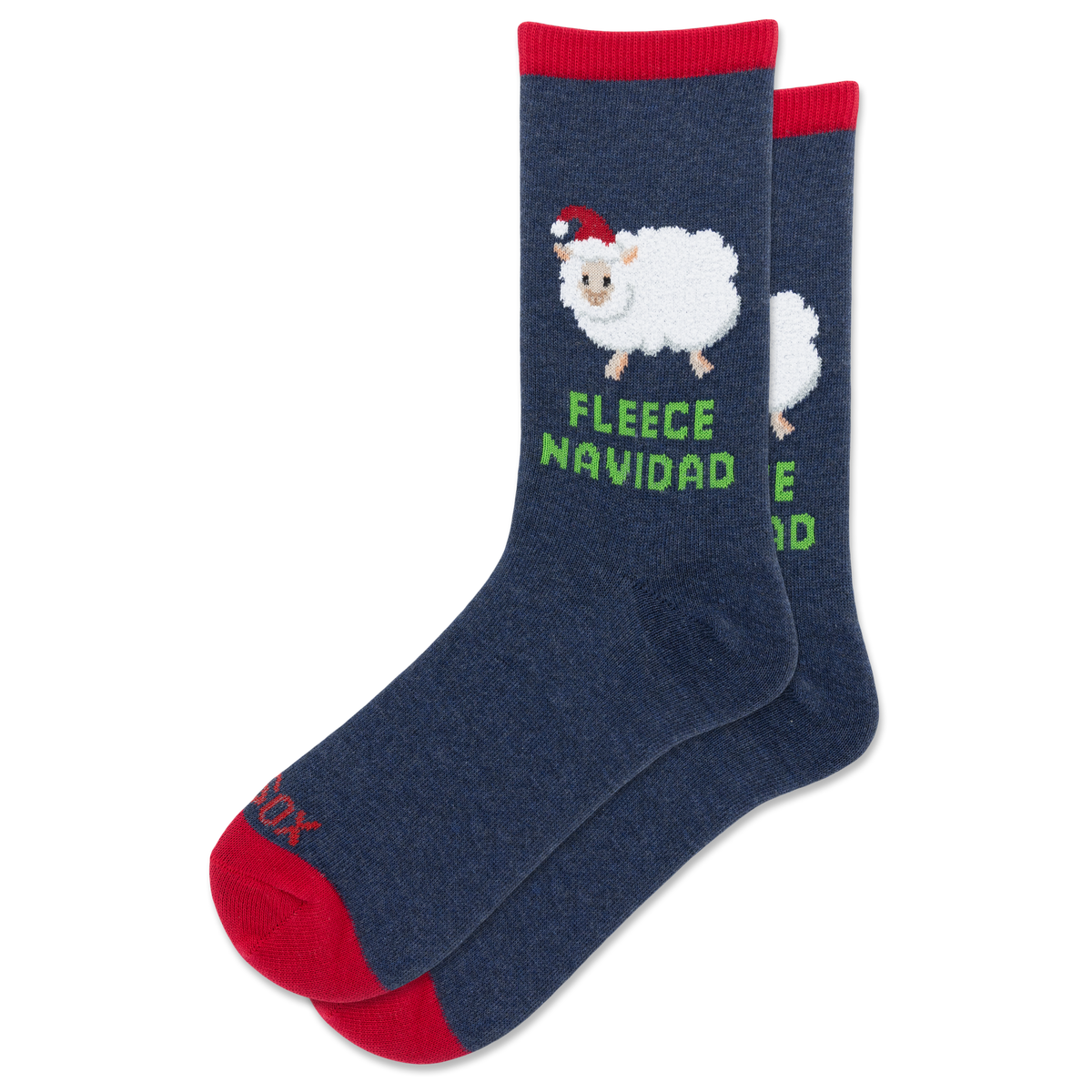 A pair of navy blue crew socks with red cuffs and toes, featuring a white sheep wearing a red Santa hat and the green text 'FLEECE NAVIDAD' on the front sock.