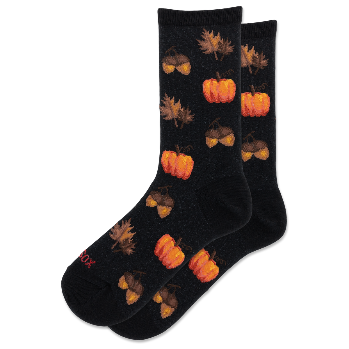 A pair of black crew socks with a repeating autumn pattern of orange pumpkins, acorns, and brown leaves, shown on a plain white background.
