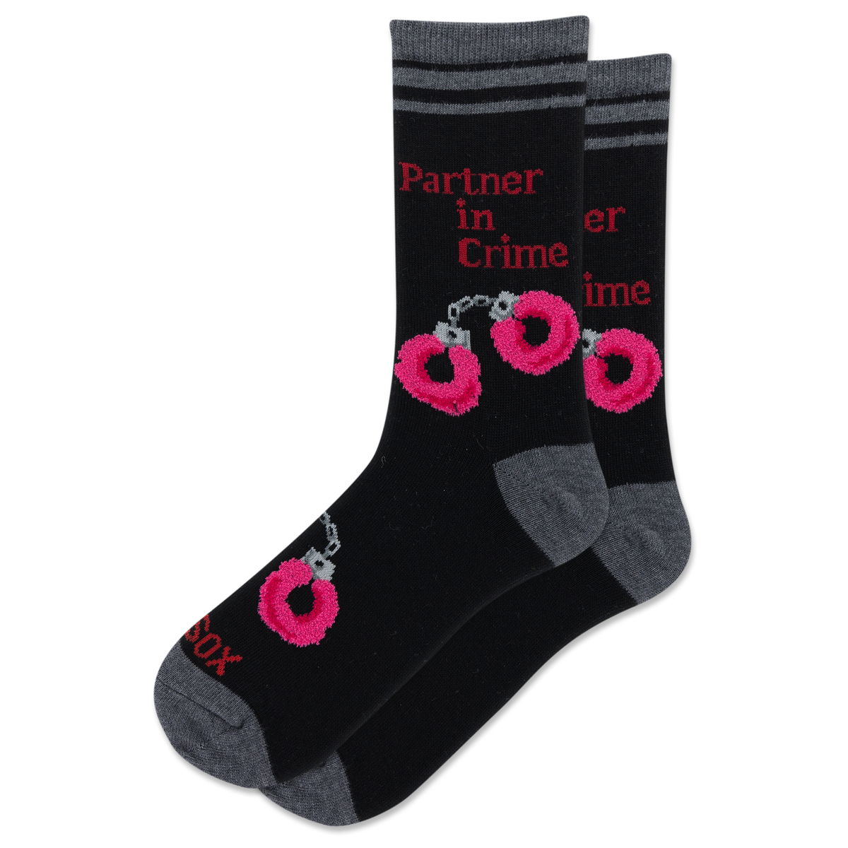 A pair of black crew socks with gray heels, toes, and cuffs, featuring pink and red graphic prints of handcuffs and the text 'Partner in Crime'.