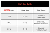 Hot Sox size guide for kids with shoe size and age range information.