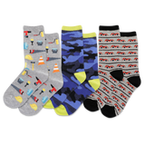 Three pairs of children's socks with different patterns on a white background