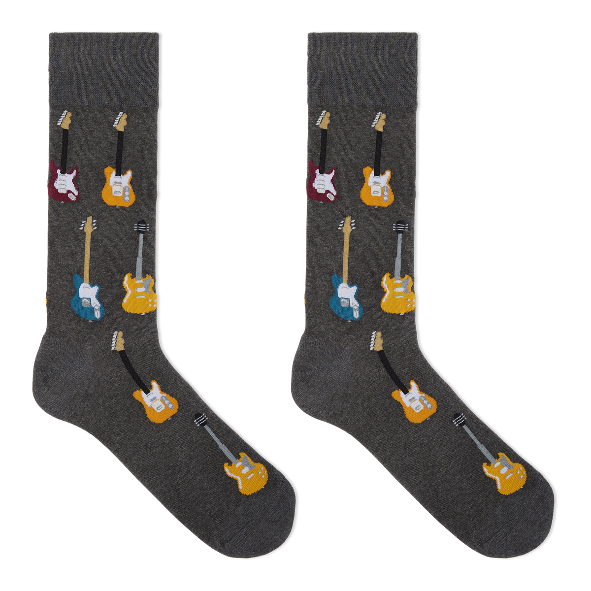A pair of dark gray crew socks featuring a repeating pattern of colorful electric and bass guitars in yellow, blue, red, and white, displayed against a solid white background.
