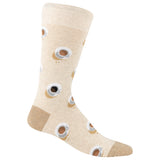 A single crew sock in a light beige heathered fabric, decorated with a repeating pattern of coffee cups with steam and small coffee drips. The sock features a solid tan heel and toe, and is shown against a plain white background. thumbnail