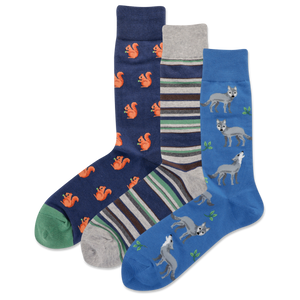 Three pairs of socks with animal patterns on a white background
