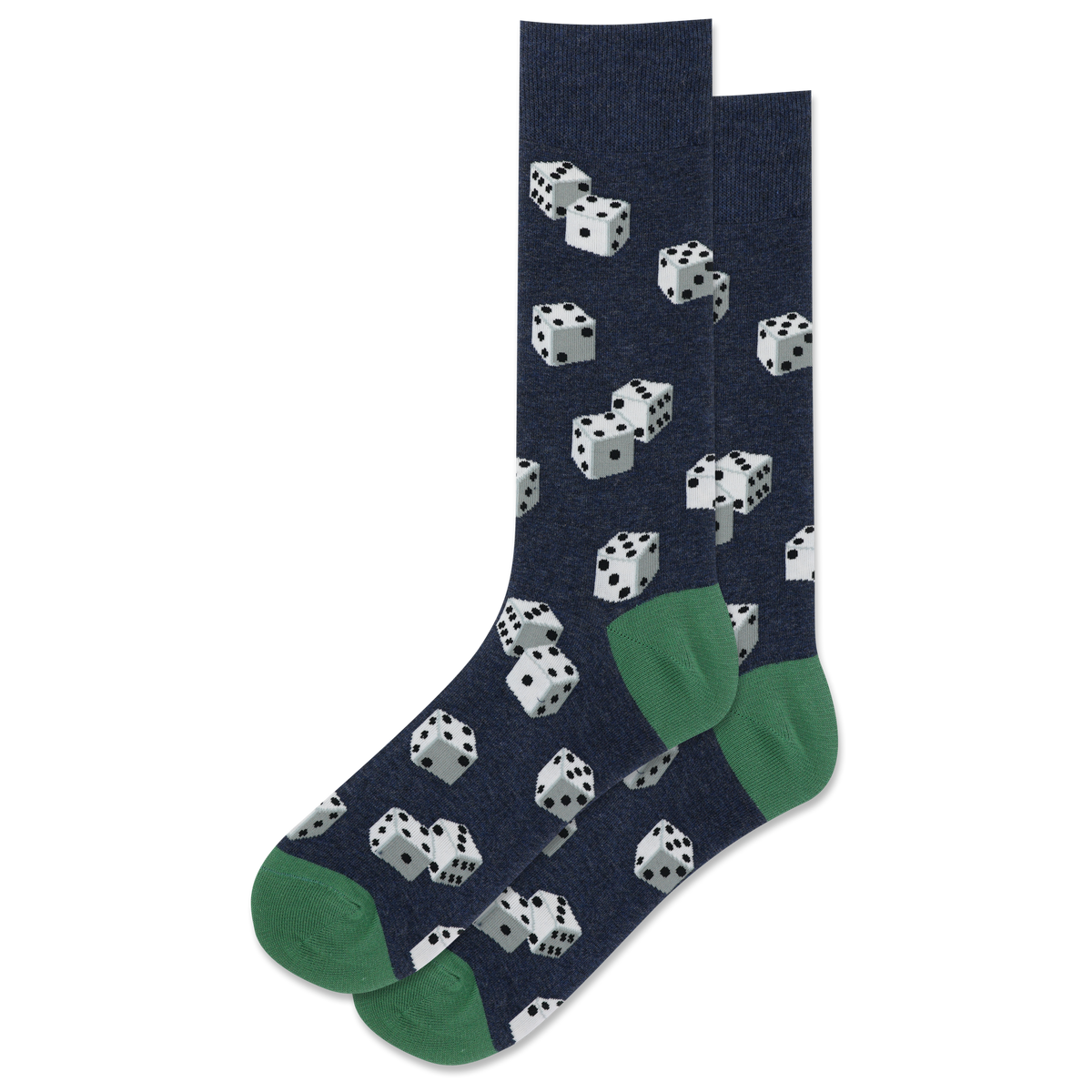 Navy sock with dice pattern and green toes on a white background