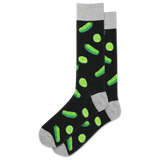 A pair of black crew socks with a pattern of green pickle designs, including whole pickles and pickle slices, with accent colors in the heel, toe, and cuff.