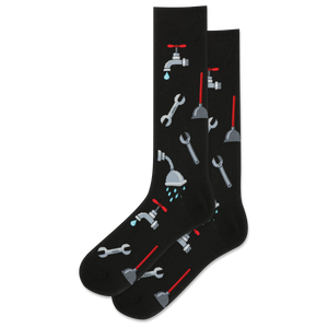 Black socks with plumbing-themed design on a white background