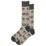 A pair of gray crew socks with a pattern of sunglasses and beach scenes in multicolor. thumbnail