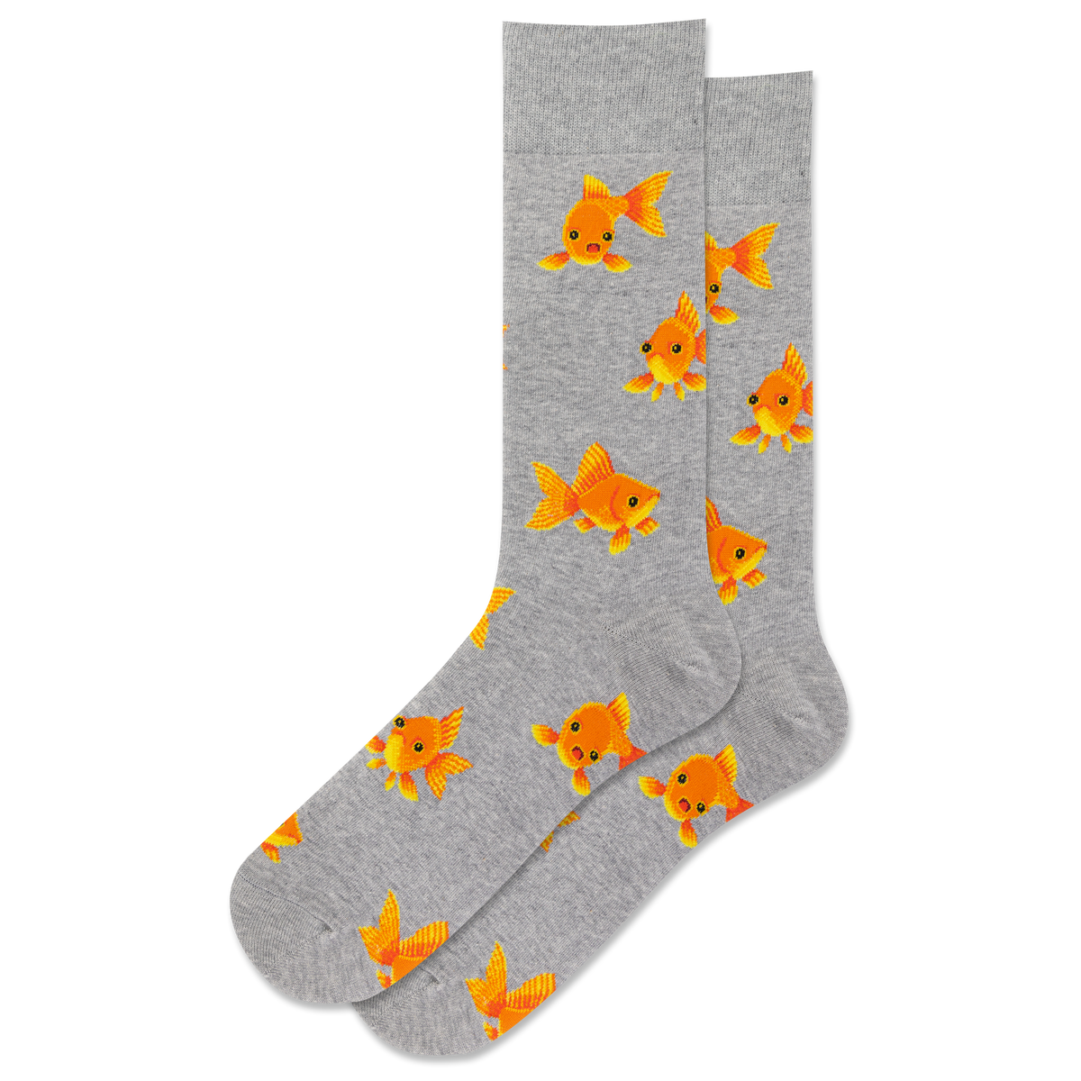 HOTSOX men's gray heather crew socks with a goldfish pattern on it.