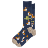 A pair of navy blue crew socks with a repeating pattern of corgi dogs and the yellow text 'GO SHORTY', shown on a plain white background.
